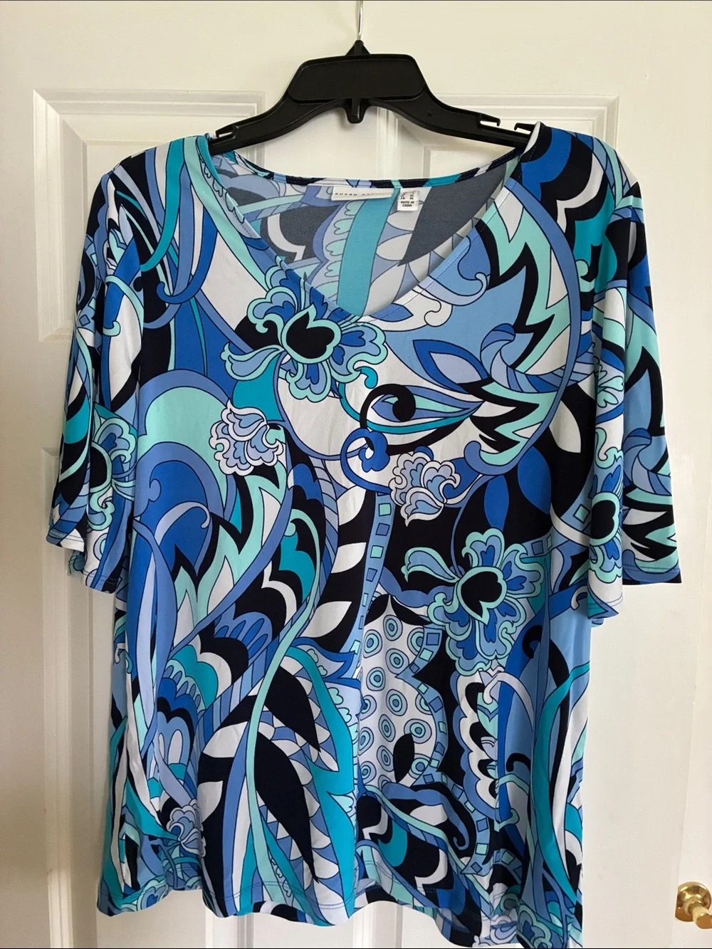 Women's Blue Mixed-Print V-Neck Top by Susan Graver - Picture 1 of 4